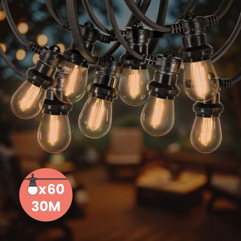 Guirlande Guinguette 30M 60 Bulbes Filament Ambré - Guirlande Lumineuse Ampoule E27 Ambrée - Guirlande Guinguette Led Filament rétro (1/5)