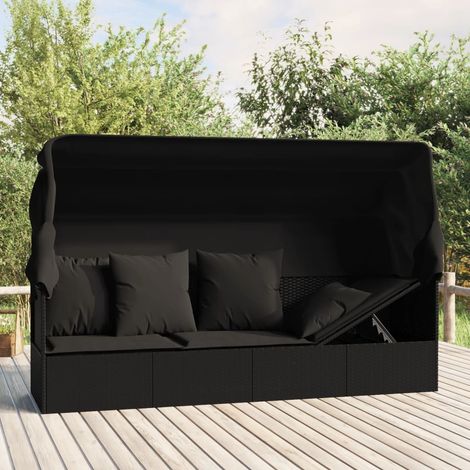 Lit de salon d'extérieur toit et coussins,Transat, bain de soleilNoir Résine tressée XZZZ371508 (1/5)