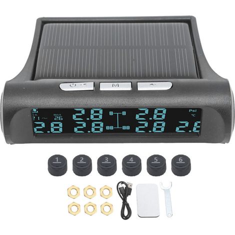 Kabelloses, solarbetriebenes Reifendruckkontrollsystem (TPMS) mit LCD-Bildschirm und 6 Sensoren, wasserdicht nach IP68, für Anhänger, Wohnmobile, Vans, SUVs, Pick-ups und Busse