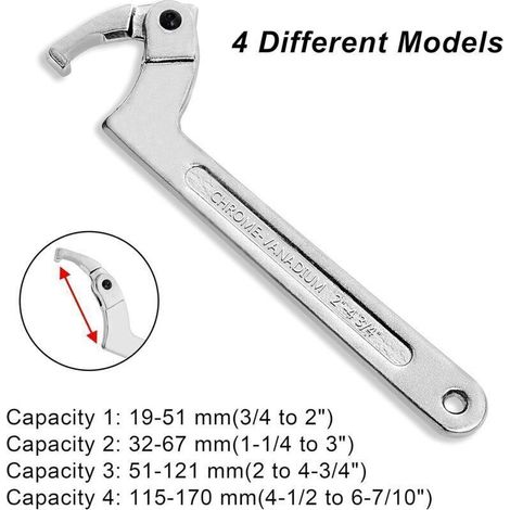Clé à Crochet réglable en C,Cle a Ergot Reglable pour Vérins Hydrauliques, Machines Mécaniques, Véhicules, (4 pcs.) 3/4-2", 1 1/4-3", 2-4 3/4", 4 1/2-6 7/10" Clé à Ergot Articulée (1/5)