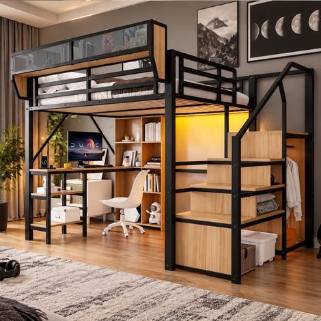 Lit mezzanine métal 140x200 cm, bureau intégré, escalier avec rangement, bibliothèque, LED, prise électrique, tablette et garde-corps, noir pour ado (1/5)