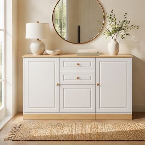 Credenza sideboard bianca e effetto legno con 3 ante e 2 cassetti 135,5 x 39 x 76 cm OKWISH (1/5)