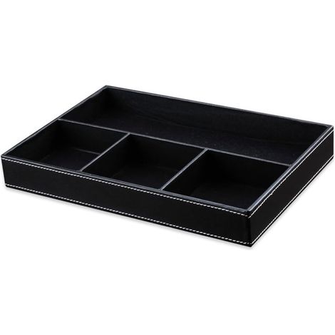 Plateau de rangement de table à 4 emplacements, organiseur de tiroir de bureau multifonction en cuir synthétique, boîte à bijoux créative (noir) (1/5)