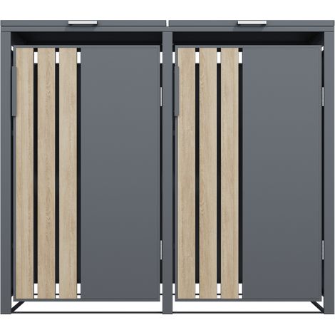 Abri poubelle cache poubelle 2 bacs en acier gris effet bois