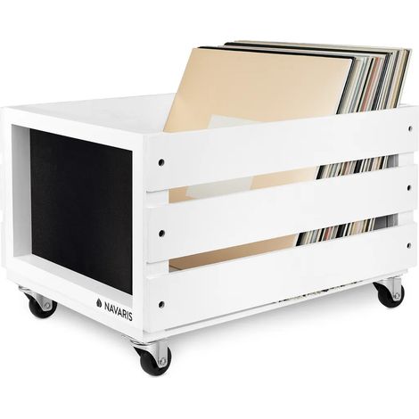Boîte à disques vinyles en bois Navaris avec tableau noir et roulettes - 42,9 x 34,4 x 28 cm - pour jusqu'à 80 disques vinyles - Boîte de rangement en bois - Blanche (1/5)
