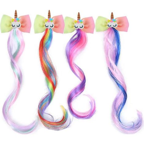 4pcs Pingle Cheveux Boucles Postiche Cheveux, Perruque Enfant Fille Tress Cheveux, Licorne Princesse Toile Arc Accessoire Cheveux, Dressup Party (1/5)
