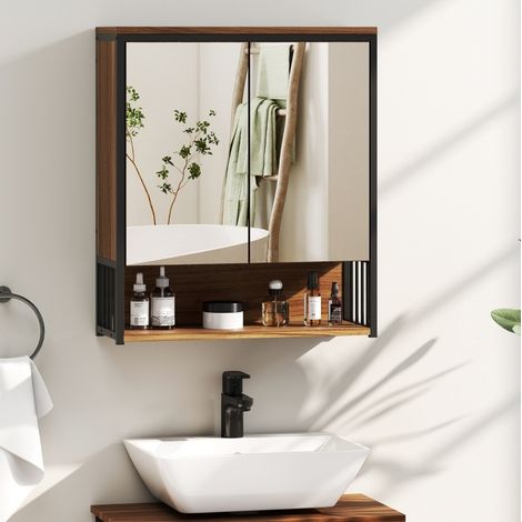 Armadietto bagno sospeso con specchio in MDF e truciolare, marrone (1/5)