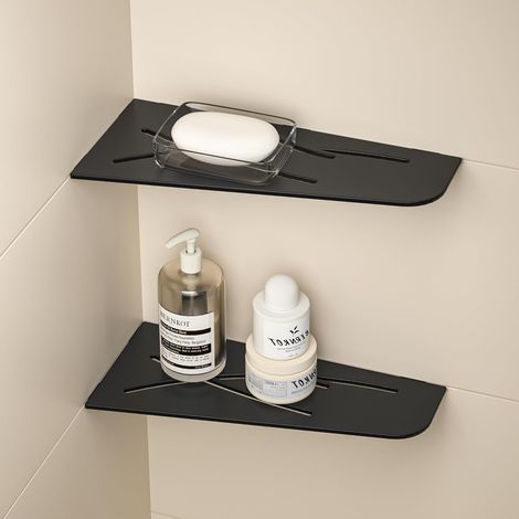 Lot de 2 étagères de douche d'angle de 3 mm d'épaisseur - Sans perçage - En acier inoxydable - Organiseur de salle de bain - 305 mm - Noir (1/5)