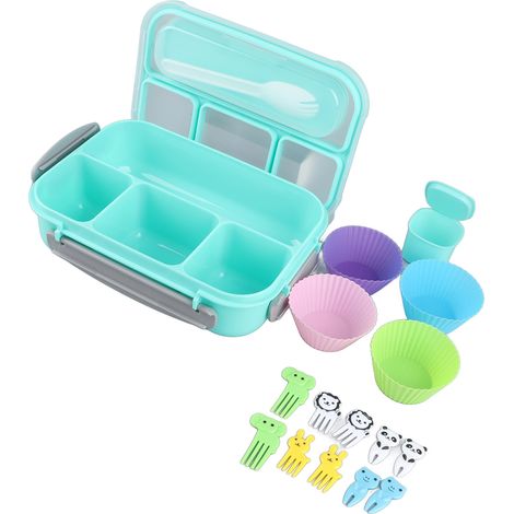 Ensemble de 16 boîtes à bento réutilisables de 1300 ml, 4 compartiments, avec cuillère pour repas de fruits, vertes. (1/5)