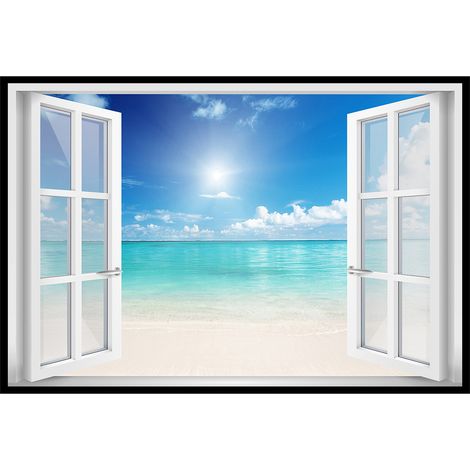 Affiche encadrée fenêtre vue plage tropicale (1/5)