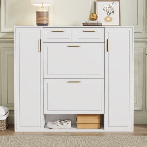 Mobile portascarpe 120x24x107 cm bianco in MDF e pannelli truciolari con ripiani regolabili e 2 cassetti (1/5)