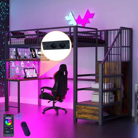 Lit Mezzanine métal 90x200 avec LED et Port USB, Lit Superposé Enfant avec échelle rangement, penderie, bureau et étagères, Lit 1 Places, Noir