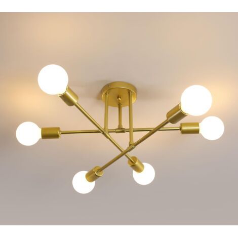 QORVA-Lustre industriel vintage en métal à 6 lumières, culot E27, convient pour salon, chambre, cuisine, etc., or, ampoule non incluse (1/5)