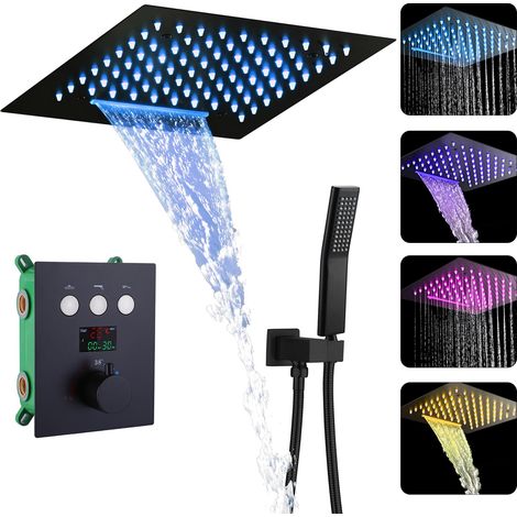 Colonne Douche Encastrable Noir, LED 64 Couleurs Colonne de Douche Thermostatique avec Affichage Numérique, Ensemble Douche avec 2 Fonctionnel Pommeau de Douche (1/5)