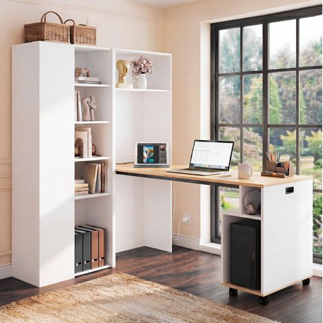 Scrivania pieghevole 2 in 1 con scaffali, presa UE e porte USB, MDF bianco DESVIAE (1/5)