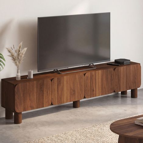 Mueble para la tele de 180 cm SARANDA, con 4 puertas redondeadas y acabado en madera efecto nogal