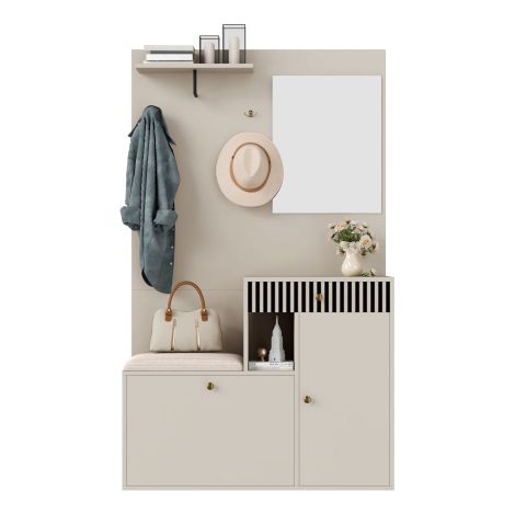 Ensemble d'entrée, Meuble d'entrée compact, Penderie d'entrée avec miroir et coussin rembourré, Meuble de rangement pour hall, Unité murale, Étagère, Panneaux muraux pour hall et entrée, Meuble à chau