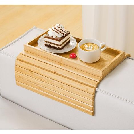 Table Bouts de Canapé de Salon, Plateau d'Accoudoir de en Bambou, Table de Plateau d'Accoudoir Canapé de Canapé Pliable à Clipser, Porte-gobelet de Canapé pour Collations Tasses (1/5)