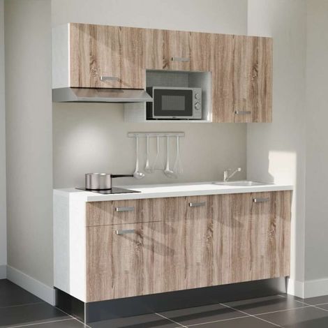 Kitchenette K30L-PT - 180 cm - plan stratifié, évier inox, - Façade Bois - Plan Blanc - Crédences Non + Electroménager inclus coloris Inox