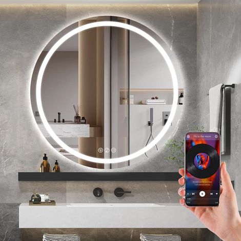 Bluetooth Miroir Salle de Bain avec Éclairage 80cm Rond, Miroir Mural avec Éclairage Frontal, avec Fonction Antibuée, Dimmable, avec 3 Couleurs Lumière avec Haut-Parleur Bluetooth (1/5)