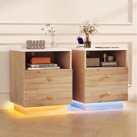 Conjunto de 2 mesas de noche con regleta, Mesa auxiliar moderna, Luces LED, 2 cajones, 2 enchufes, para dormitorio, 45x40x57 cm, Madera (1/5)