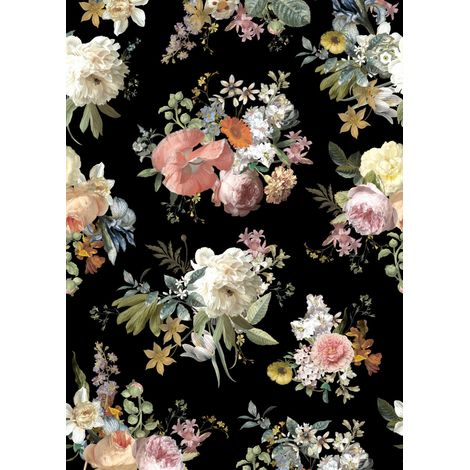 papier peint panoramique fleurs vintage multicolore sur noir - ESTAhome (1/5)