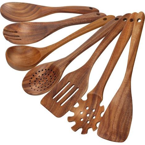 Cuillères en bois de teck pour la cuisine, ensemble de 7 ustensiles de cuisine comprenant une spatule et une louche, résistants à la chaleur et adaptés aux poêles antiadhésives. (1/5)