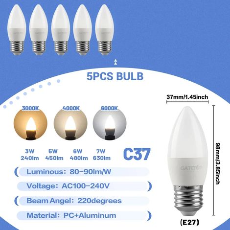 (5 ampoules, blanc chaud 3000K) Ampoules LED à économie d'énergie, 220V, culot E27, adaptées à l'éclairage de la chambre et du salon. (1/5)