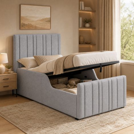 Letto per bambini 90 x 200 cm con rete sollevabile idraulica, contenitore, lino, grigio, OKWISH (1/5)