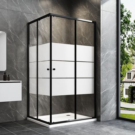 Duschkabine Schwarz 100x100 Schiebetür Eckeinstieg Duschkabine Duschabtrennung Duschwand Dusche, 6mm ESG Glas mit Milchglas Streifen, Höhe 185cm (1/5)