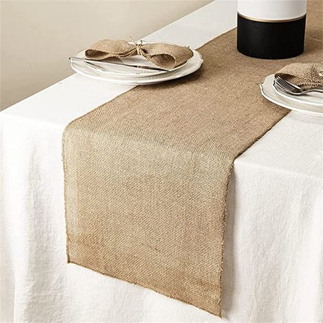 Lot de 3 chemins de table en jute naturelle (30 x 108 cm) Décoration rustique en jute pour mariages et fêtes Guirlande de fanions en jute (1/4)