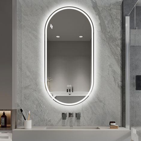 Miroir intelligent ovale sans cadre 60 x 120 cm, à fixation murale, avec écran tactile et traitement antibuée, pour salle de bain.