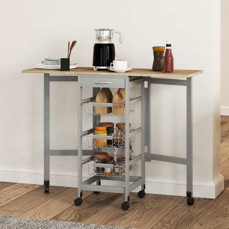 Carrito de cocina con 3 cestas, cajón y 2 puertas abatibles, en madera y metal, 37x37x77,5 cm, gris y roble. (1/5)