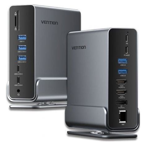 Docking USB Tipo-C Vention TPUH0/ 2xHDMI/ 1xDisplayPort/ 3xUSB Tipo-C/ 5xUSB/ 1xRJ45/ 1xLector de Tarjetas/ 1xJack 3.5/ 1xUSB Tipo-C PD/ Gris