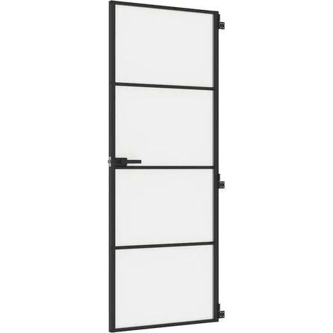 Porte intérieure noire ultra-mince, mesurant 76 x 201,5 cm, en verre trempé et alliage d'aluminium.