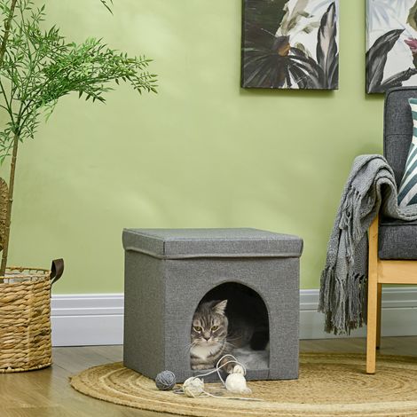 Nid chat en carton cube démontable avec coussin griffoir doux en lin gris 36,5 cm, maisonnette confortable pour félin, literie moelleuse et griffade intégrée (1/5)