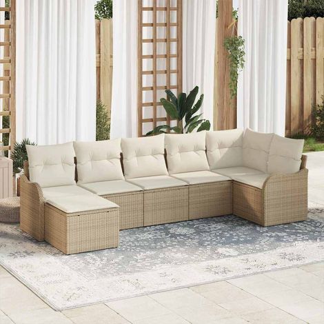 Garten-Sofa-Set mit Kissen 7 pcs Beige und Weiß Poly Rattan (1/5)