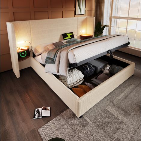 Bett Mit Bettkasten 160x200 cm Mit Multifunktionalem Kopfteil Und Integriertem Stauraum (1/5)