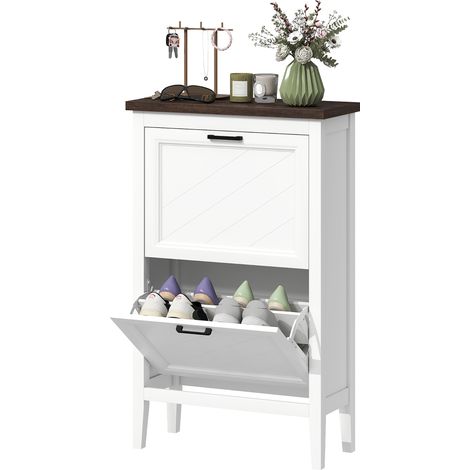 HOMCOM armadietto portascarpe, 2 cassetti ribalta, ripiani regolabili, bianco
