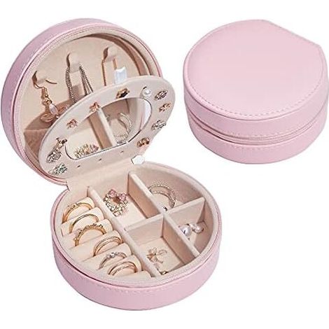 Boîte à bijoux pour filles (rose), boîte à bijoux de voyage avec miroir, organiseur de bijoux en cuir synthétique, convient pour bagues, boucles d'oreilles, colliers et bracelets (1/4)
