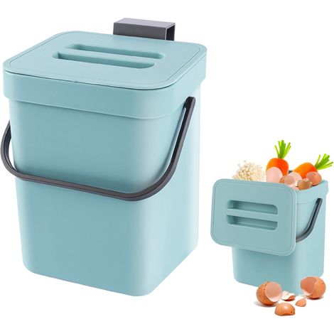 Petit Seau à Compost de Cuisine, Poubelle à Suspendre pour Plan de Travail, Récipient Bio avec Couvercle, Composteur Intérieur, 3 L, Bleu (1/5)