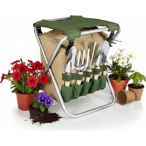 a Picnic Time brand Folding Gardener Seat with Tools, Garden Stool with Removable Storage Bag, Portable Chair Seat with Garden Tool Set (1/5)