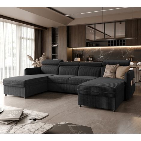 Canapé d'angle Panoramique BENI - 5 places - Canape Convertible avec Tétières - Tissu Velours Cotelé - Anthracite (1/5)