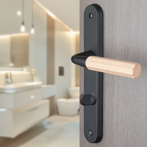 Ouvre&Déco – 2 poignées de porte OCTO verrou condamnation, Acier béquille en bois FSC entraxe 195 mm