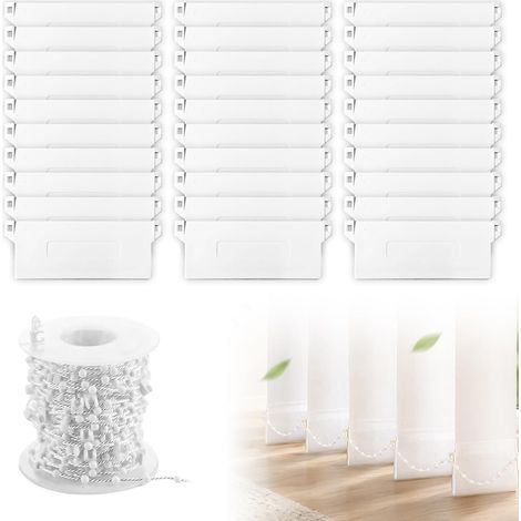 Lot de 30 rideaux à lamelles  Panneaux lestés  Pièces de rechange pour rideau à lamelles avec chaîne blanche de 10 m  Pour store vertical, rideau, porte, fenêtre, accessoires (1/5)
