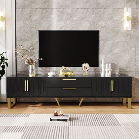 Mueble TV 170 x 40 x 53,5 cm en MDF, negro, acabado brillante, 4 puertas y 2 cajones HAVRYA (1/5)