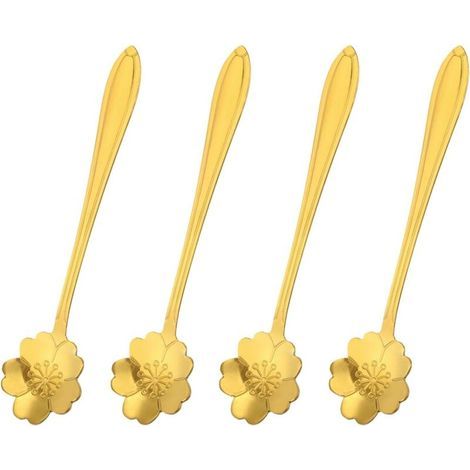 4pcs Inox Acier Fleur Cuillères 5 pouce Cerise Fleur Forme Café Cuillère Petit Cuillère Café Dessert Cuillère pour Expresso Sucre Gâteau, Or (1/5)