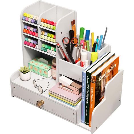 1 Organiseur de bureau, tiroir, porte-crayons blanc, PVC, 28x15x25 cm, maison école