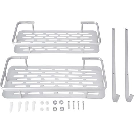 Étagère murale de rangement en aluminium à double niveau avec 2 crochets de suspension pour salle de bain (1/5)