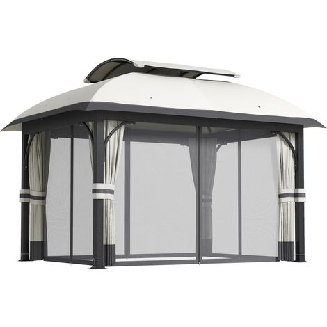 Tonnelle de jardin 4 x 3 m avec moustiquaires et double toit, en métal et polyester gris clair